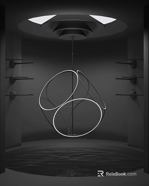 Modern Artistic Chandelier With White Glowing Rings In Black Background Room Black Shelves Circular Decorations 3d model 