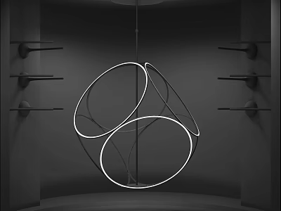 Modern Artistic Chandelier With White Glowing Rings In Black Background Room Black Shelves Circular Decorations 3d model