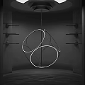 Modern Artistic Chandelier With White Glowing Rings In Black Background Room Black Shelves Circular Decorations