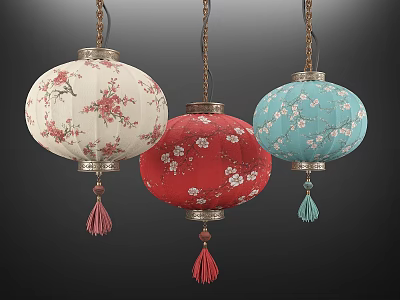 Chinese Style Lantern Shaped Chandeliers With Plum Blossom Patterns And Colorful Tassels 3d model