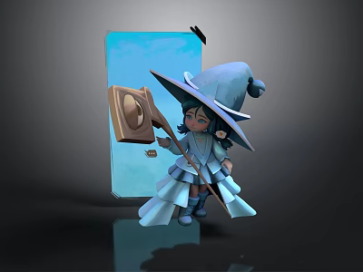 Cute Wizard Character With Blue Hat Broomstick And Wooden Board Near Blue Door 3d model