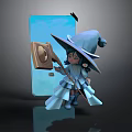 Cute Wizard Character With Blue Hat Broomstick And Wooden Board Near Blue Door