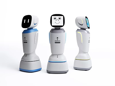 Smart Robots With Three Different Designs And Interactive Screens Featuring Facial Expressions 3d model