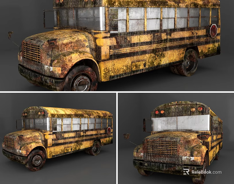 Old Rusty School Bus With Yellow Black Stripes And Worn Exterior 3d model
