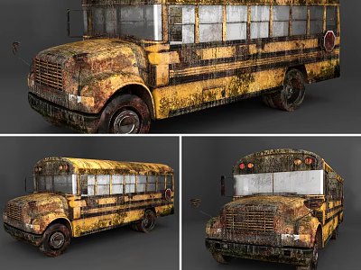 Old Rusty School Bus With Yellow Black Stripes And Worn Exterior 3d model