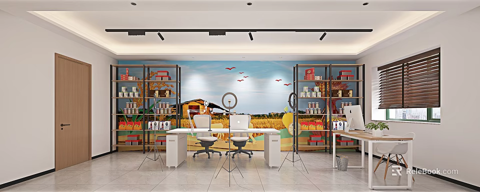 Spacious Public Office Space With Wheat Field Harvester Mural Desks Computers And Bookshelves 3d model 