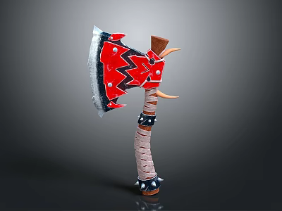 Fantasy Battle Axe With Red Head Black Zigzag Pattern And Spiked Handle Design 3d model