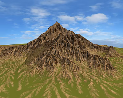 Scenic Mountain Landscape With Brown Textured Peak Green Grassy Fields And Blue Sky White Clouds 3d model