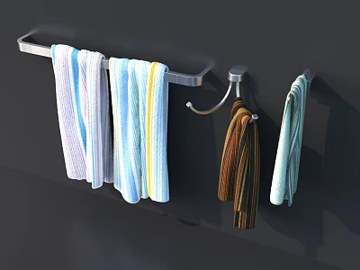 Colorful Striped Towels Hanging On Modern Bathroom Towel Rack And Hooks 3d model