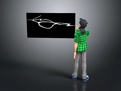 Person In Green Plaid Shirt Drawing Eyeglasses On Black Board With White Marker 3d model
