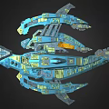 Sci Fi Cosmic Spaceship Design With Blue Yellow Accents And Complex Structures