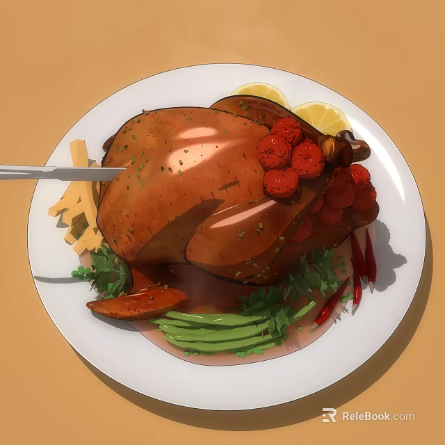 Roasted Chicken on White Plate with Lemon Slices Herbs and Fresh Vegetables 3d model 