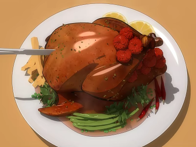 Roasted Chicken on White Plate with Lemon Slices Herbs and Fresh Vegetables 3d model