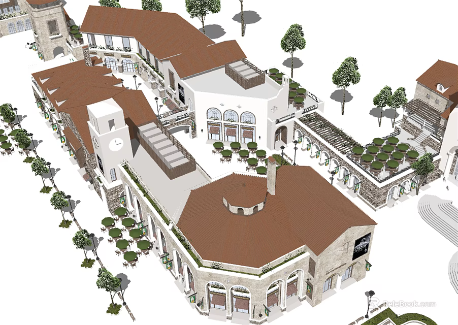 Traditional European Commercial Street Featuring Red Roofs Arcades Plaza Trees And Shops 3d model 