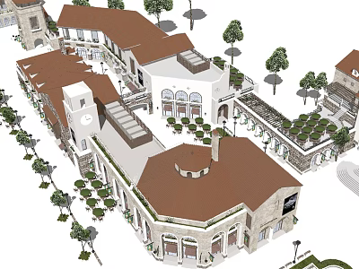Traditional European Commercial Street Featuring Red Roofs Arcades Plaza Trees And Shops 3d model