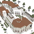 Traditional European Commercial Street Featuring Red Roofs Arcades Plaza Trees And Shops