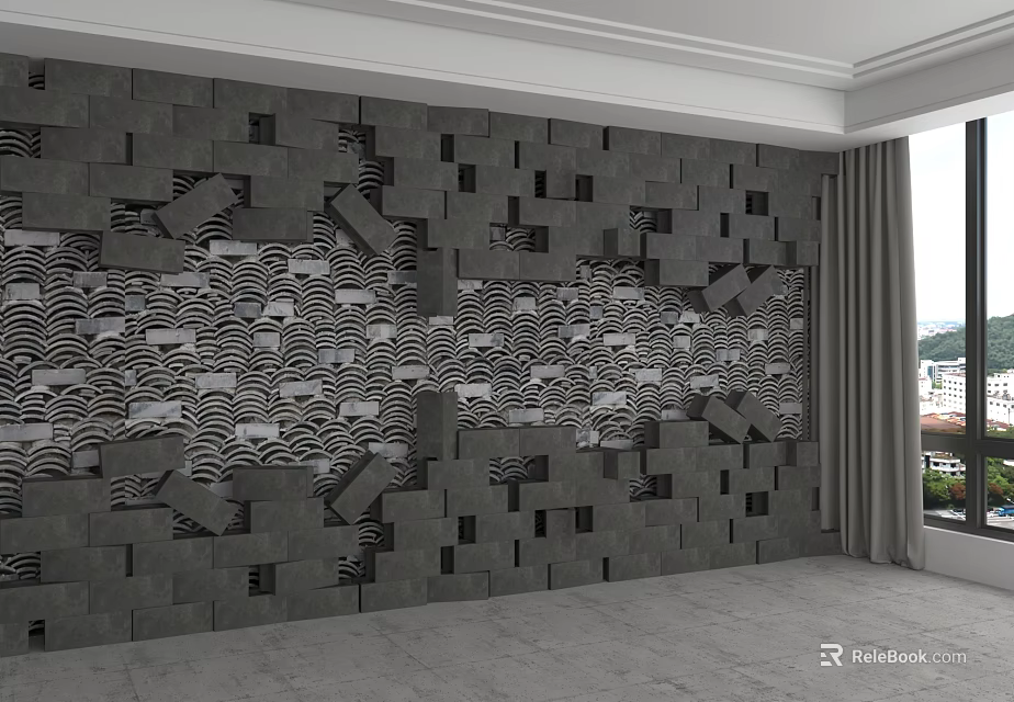 Modern Interior Background Wall With Gray Block Design And Black White Wavy Pattern 3d model 