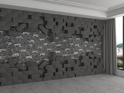 Modern Interior Background Wall With Gray Block Design And Black White Wavy Pattern 3d model