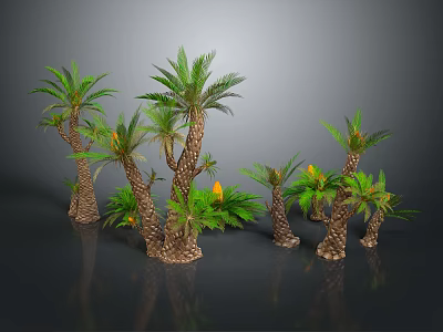 Multiple Palm Trees With Green Leaves And Brown Trunks Yellow Flowers In Decorative Arrangement 3d model
