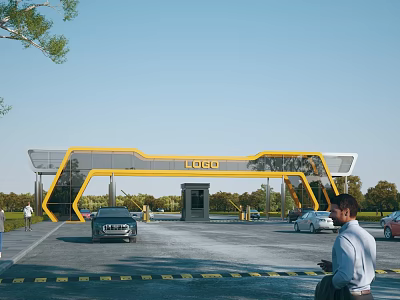 Modern Yellow Frame Entrance Gate With LOGO Vehicles And Landscaped Surroundings 3d model
