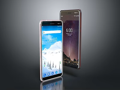Modern Smartphones With Front Screen Display Showing Time And Scenery Wallpaper Back Design 3d model