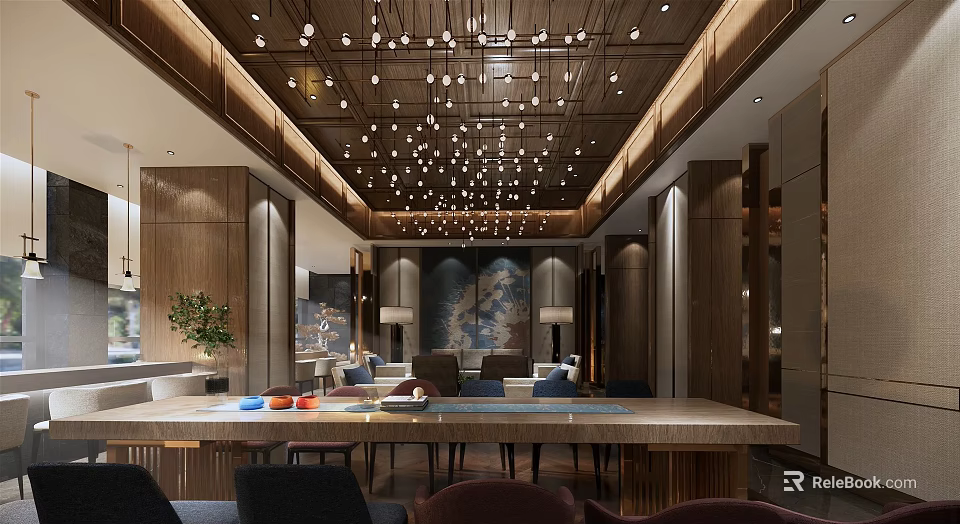 Elegant Hotel Lobby Interior With Wooden Elements Ceiling Pendant Lights And Long Table 3d model