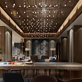 Elegant Hotel Lobby Interior With Wooden Elements Ceiling Pendant Lights And Long Table 3d model
