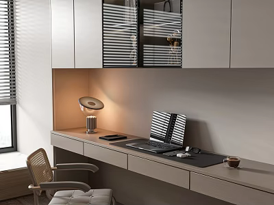 Modern Minimalist Workspace Desk With Table Lamp Laptop Coffee Cup And Chair Under Wall Cabinets 3d model