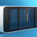 Modern Black And Silver Storage Cabinet With Four Glass Doors On Blue Background