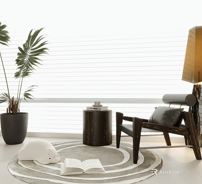 Modern Leisure Chair With Palm Plant Side Table And Round Rug Floor Lamp 3d model 