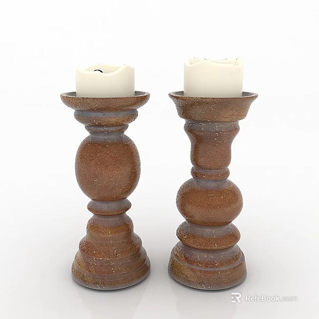 Two Brown Wooden Candle Holders With Vintage Design And White Candles 3d model 