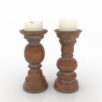 Two Brown Wooden Candle Holders With Vintage Design And White Candles 3d model