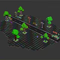 Cartoon Road Scene With Green Trees Street Lamps Benches And Red Car