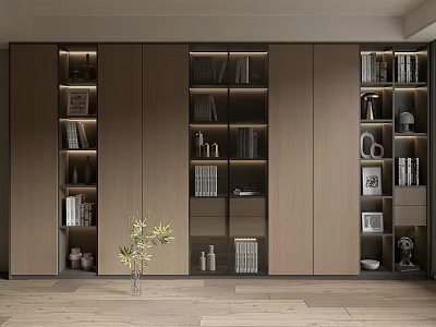 Modern Dark Wood Bookcase With Glass Doors Built in Lighting Books And Decorative Vase Inside 3d model