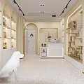 Shopping Mall Store Displaying Various Products On Arched Shelves With White Cabinets And Dog Figurine