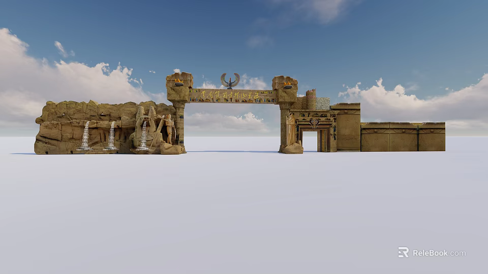 Ancient Stone Entrance Gate With Ornate Archway And Blue Sky Background 3d model 