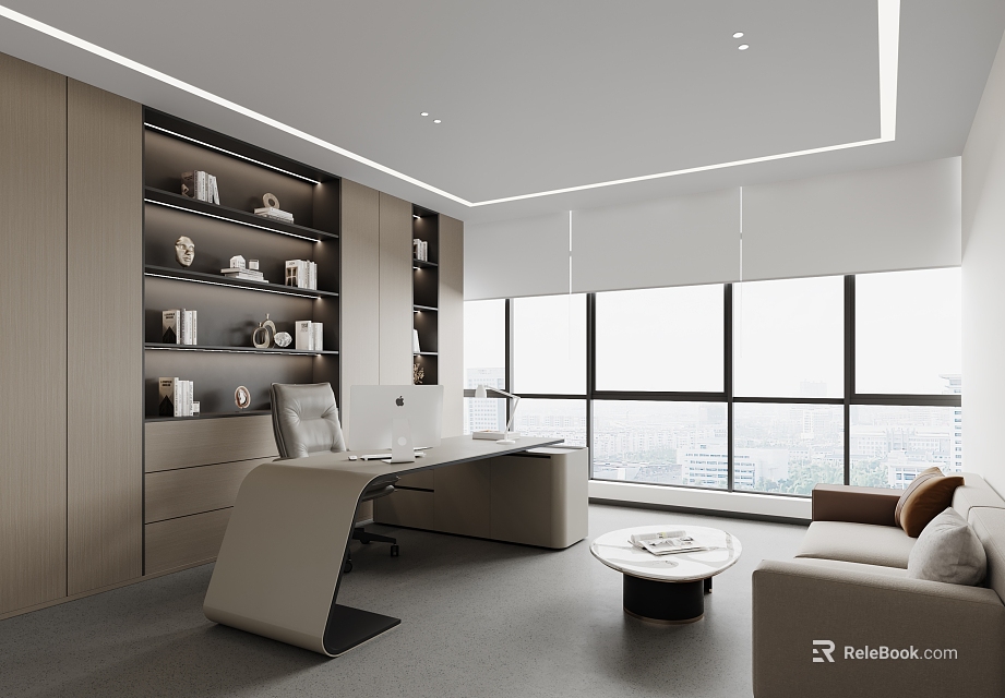 Modern Office Interior With Ergonomic Desk Built in Bookshelf Sofa Large Windows And City View 3d model 