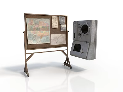 Vintage Wooden Easel With Map Papers And Old Metal Device Setup 3d model