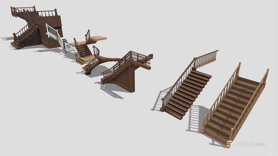 Various Wooden Staircase Designs With Handrails And Steps For Home Interiors 3d model 