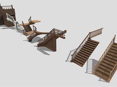 Various Wooden Staircase Designs With Handrails And Steps For Home Interiors 3d model