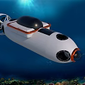 White Underwater Robot With Black Dome Orange Trim And Propellers In Ocean