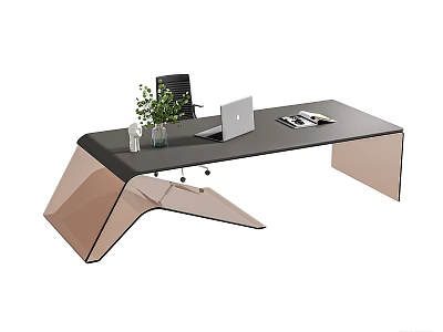 Modern Office Desk With Laptop Magazines And Potted Plant Plus Ergonomic Chair 3d model