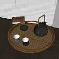 Traditional Tea Set With Gray Striped Teapot And Small Bowl On Wicker Tray Wooden Tabletop