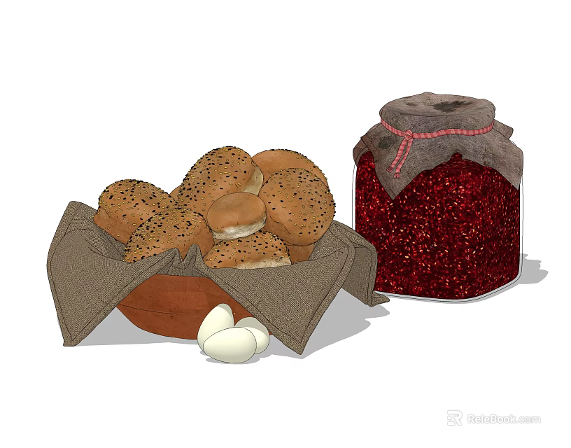 Basket of fresh sesame seed bread with red jar and white eggs 3d model 