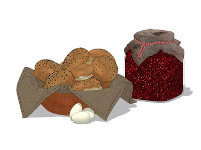 Basket of fresh sesame seed bread with red jar and white eggs 3d model