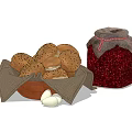 Basket of fresh sesame seed bread with red jar and white eggs