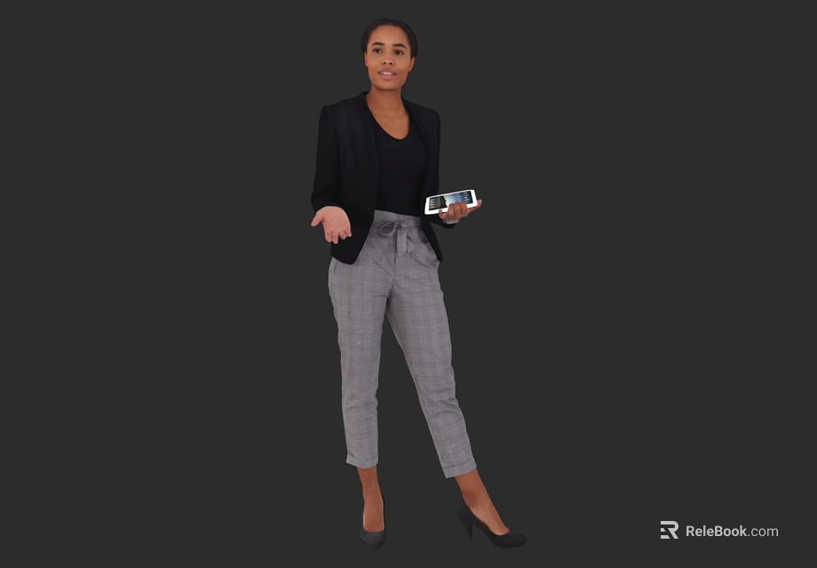 Woman In Black Blazer Black Top Gray Plaid Pants Holding Tablet With Dark Background 3d model 