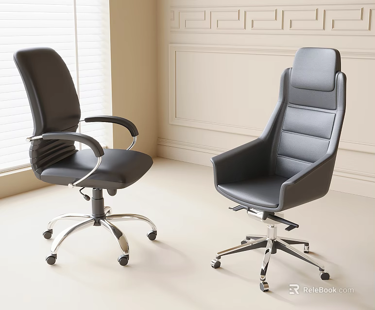 Two Stylish Leather Office Chairs With Metal Base Wheels And Modern Backrest Design In Minimalist Room 3d model 