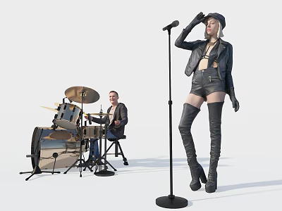 Woman at Microphone in Black Leather Jacket Shorts Over Knee Boots with Drummer Drum Set 3d model