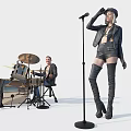 Woman at Microphone in Black Leather Jacket Shorts Over Knee Boots with Drummer Drum Set
